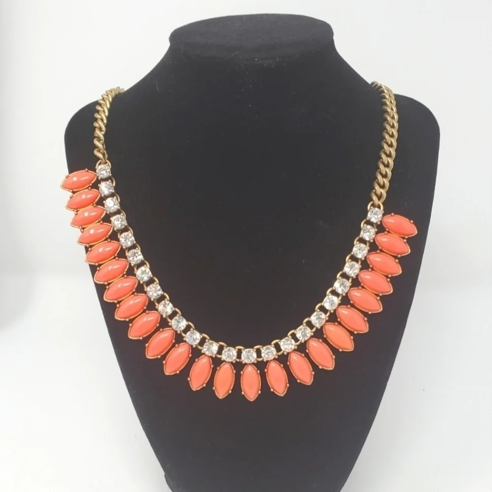 J. CREW BRIGHT CORAL TEARDROP CLEAR RHINESTONE STATEMENT NECKLACE WOMEN JEWELRY